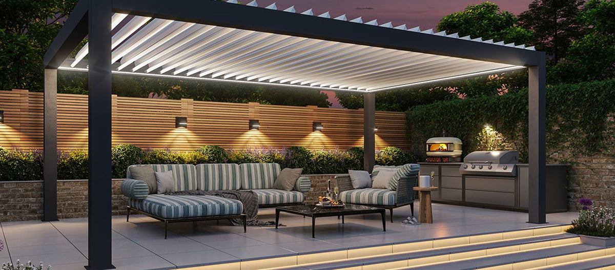 Outdoor patio with pergola, furniture, and lighting